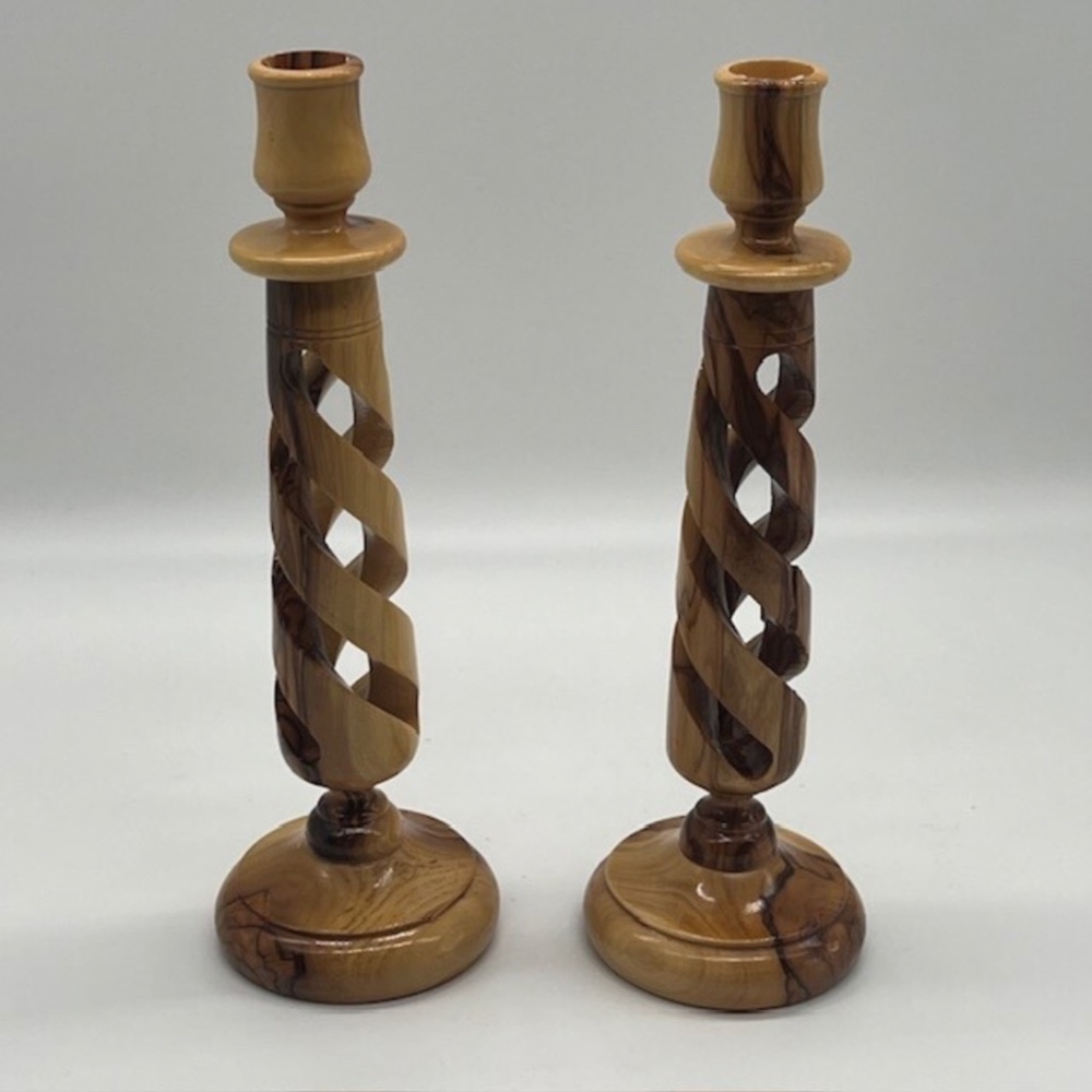 Set of 2 Vintage Wooden Spiral Candle Holders Farmhouse Cottage Core